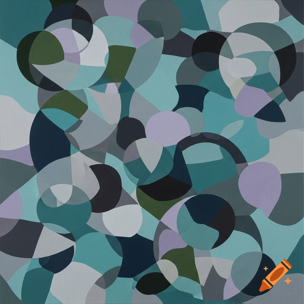 An abstract geometric painting featuring overlapping circular and curved shapes in shades of teal, gray, light purple, and dark green.