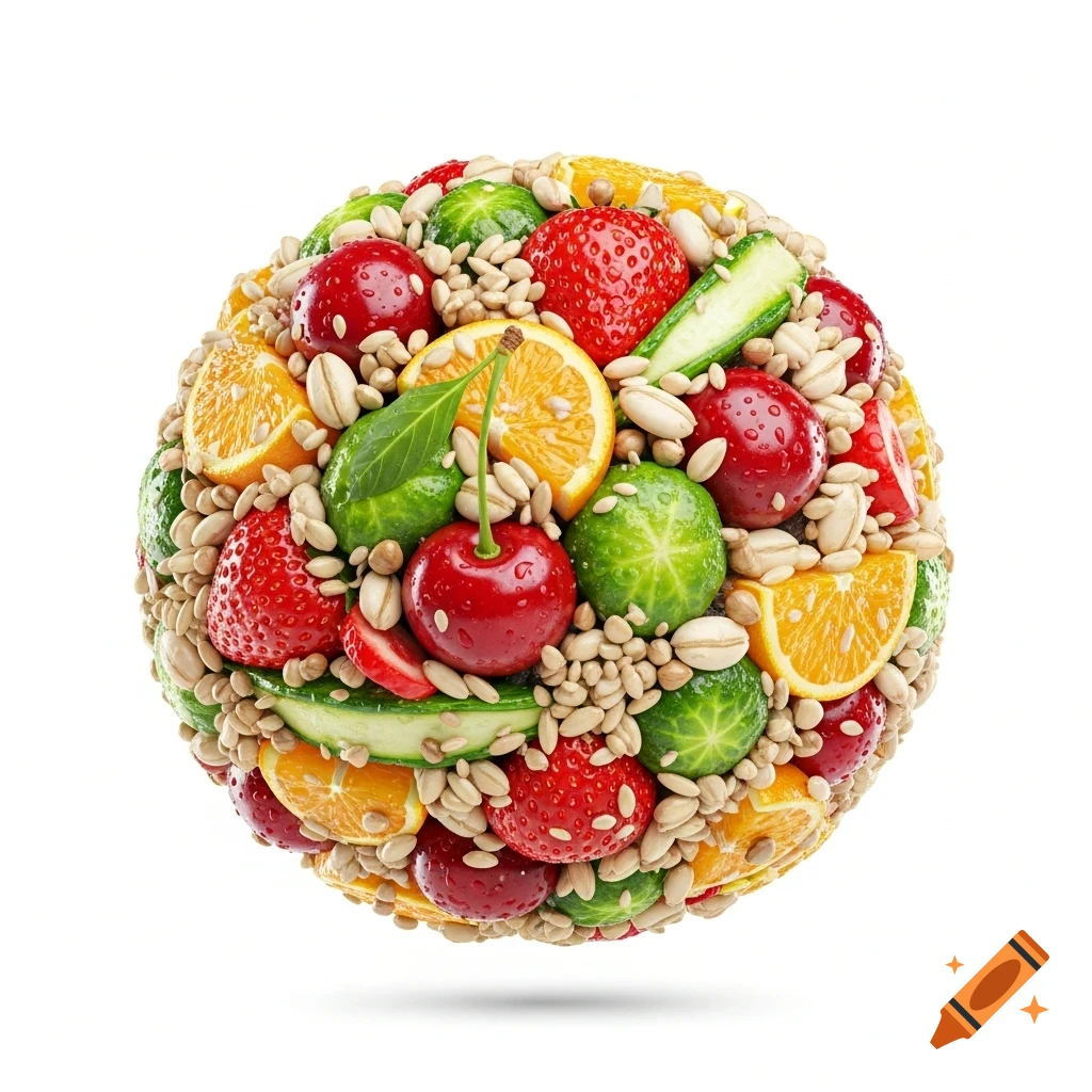 A vibrant sphere densely packed with strawberries, cherries, orange slices, cucumber, Brussels sprouts, and seeds on a white background.
