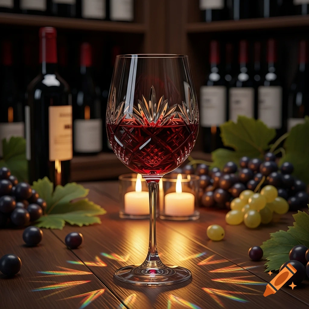 A crystal wine glass filled with red wine, surrounded by grapes, candles, and wine bottles in a dimly lit setting.