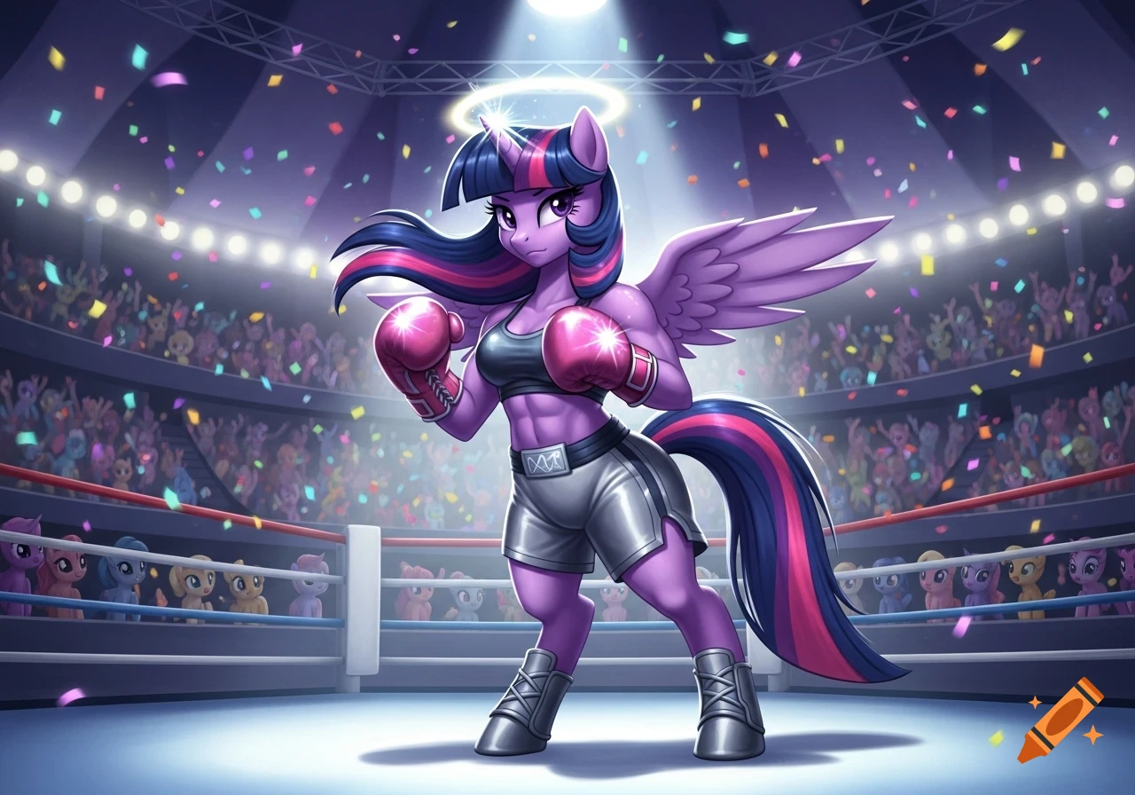 Twilight Sparkle, a purple winged unicorn, stands muscular and ready in a boxing ring with pink gloves, silver shorts, and a sports bra, as confetti falls.