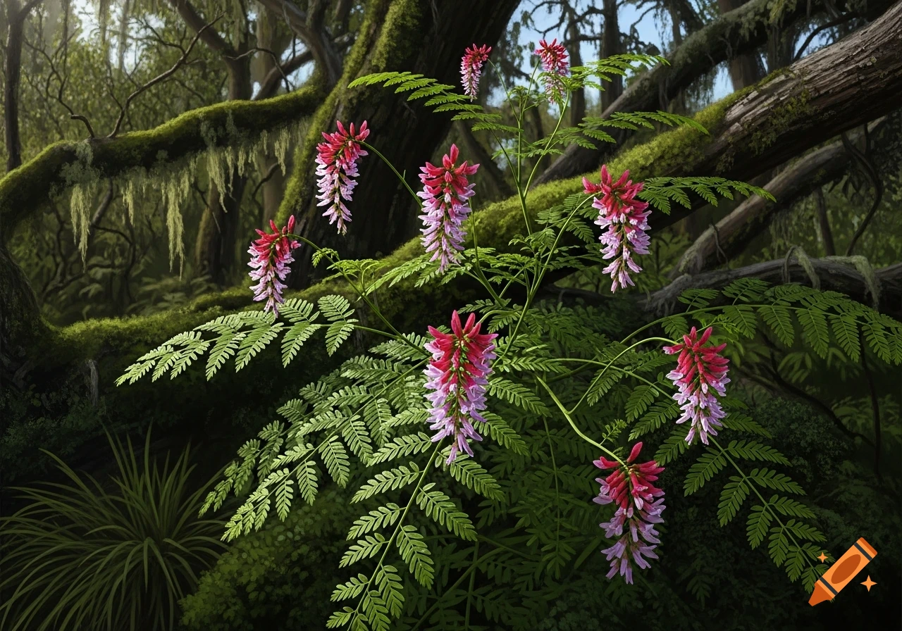 Close-up of a flowering plant with red and purple flowers in a lush, mossy forest.