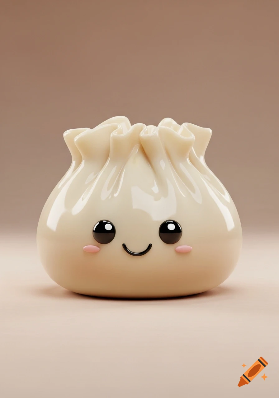 A cute 3D cartoon dumpling with a smiling face and pink blush, set against a plain light brown background.