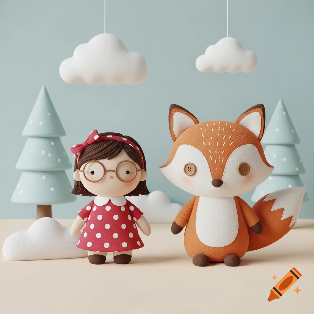 A plushie girl with glasses and a red dress stands next to a plushie fox in a whimsical landscape with clouds and trees.