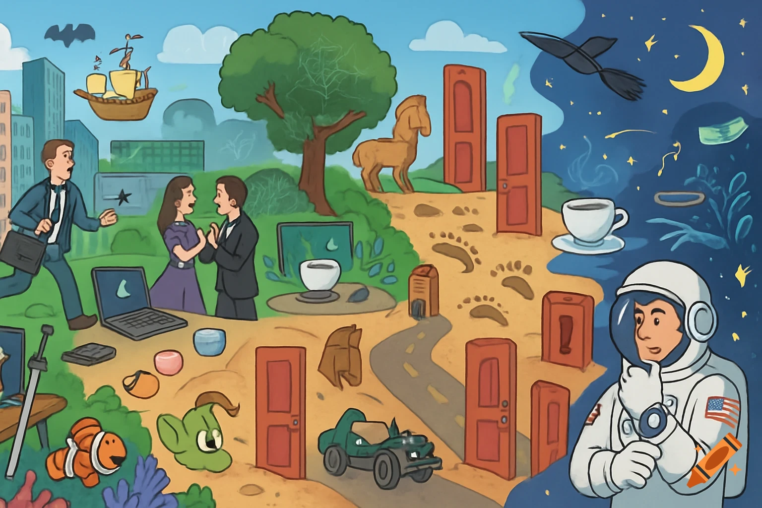 A colorful cartoon 'spot the movie' puzzle illustration blending city, park, desert road, and space scenes with various movie references.