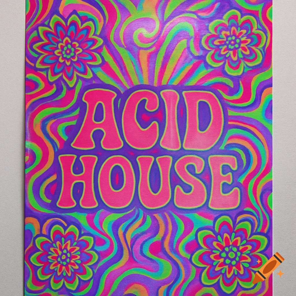 A vibrant psychedelic poster with neon pink 'ACID HOUSE' text surrounded by swirling patterns and floral designs.
