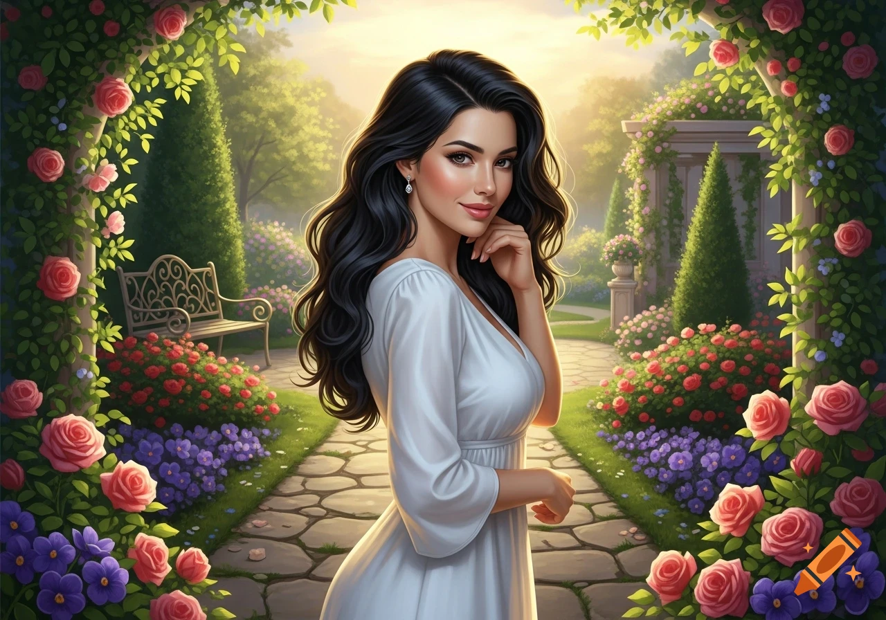 Beautiful woman with long dark hair in a white dress stands on a stone ...