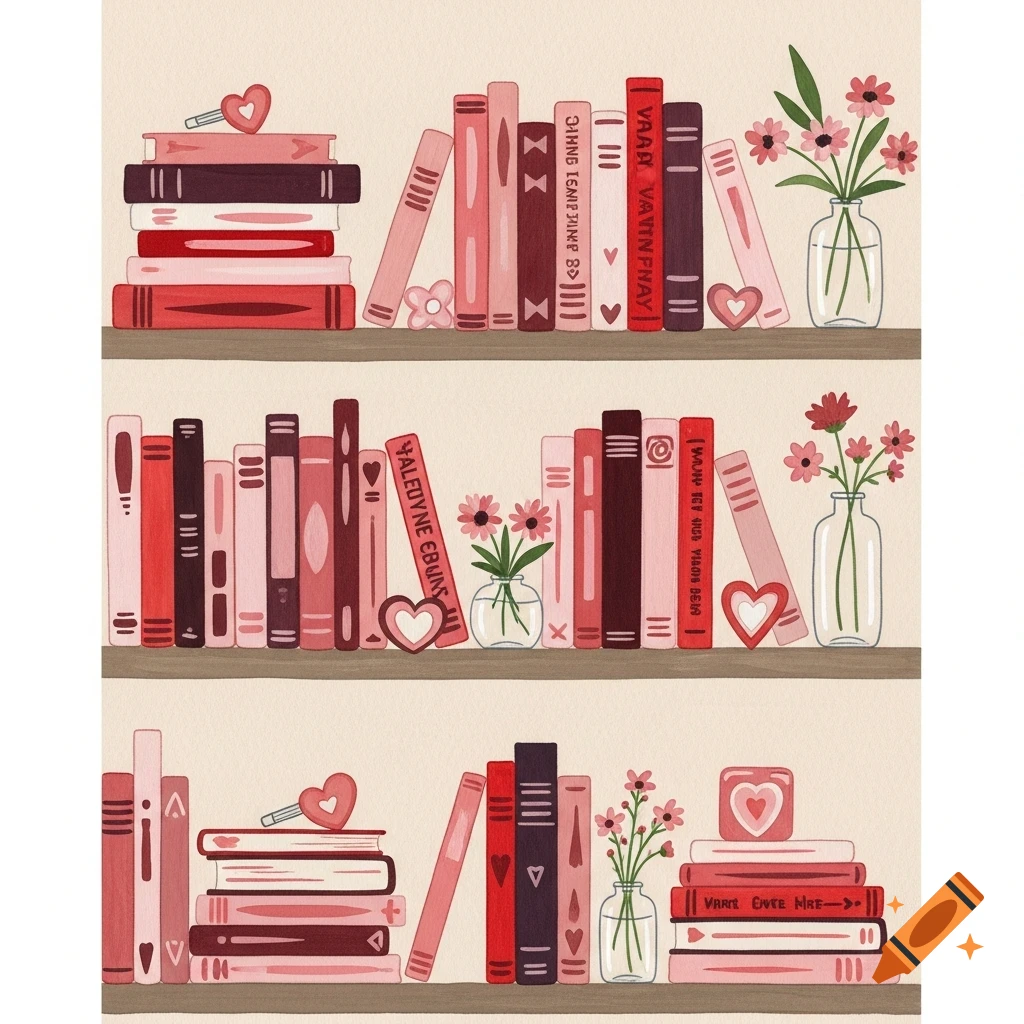 A gouache illustration of three shelves filled with books in shades of pink and red, adorned with hearts and small vases of flowers, in a Valentine's Day theme.