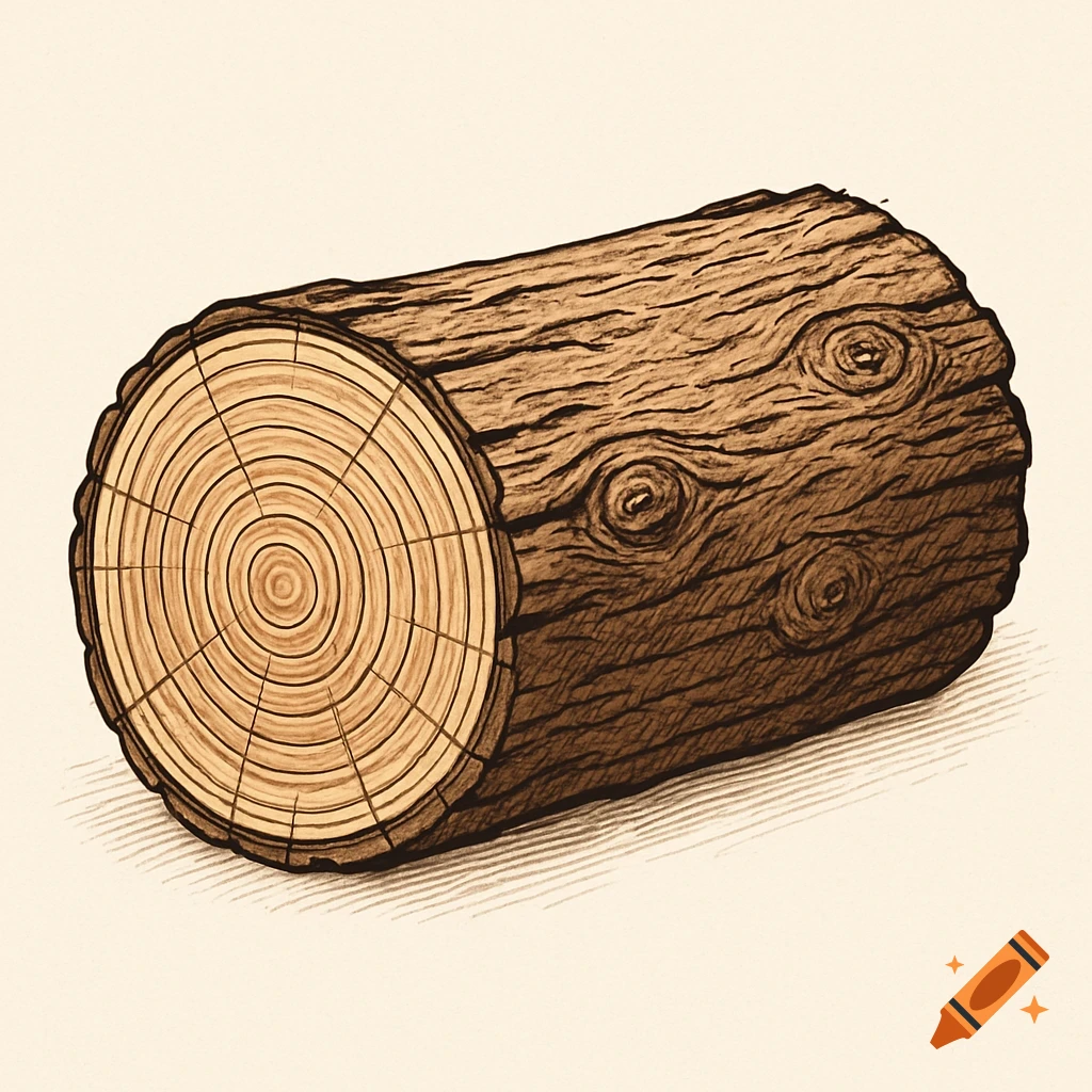 A schematic illustration of a cut log showing its textured bark and concentric growth rings on the end.