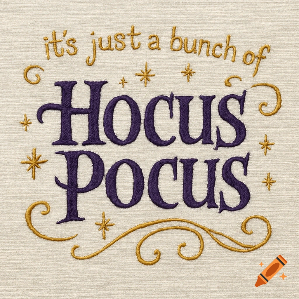 Embroidered text art on fabric reads 'it's just a bunch of Hocus Pocus' with golden swirls and stars.