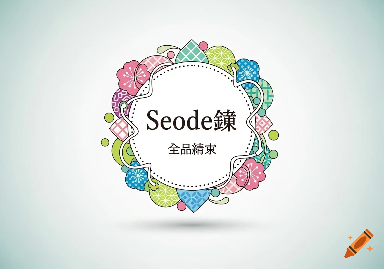 A circular logo with the text 'Seode鎖 全品精束' in a white center, framed by colorful flowers and geometric patterns on a light background.