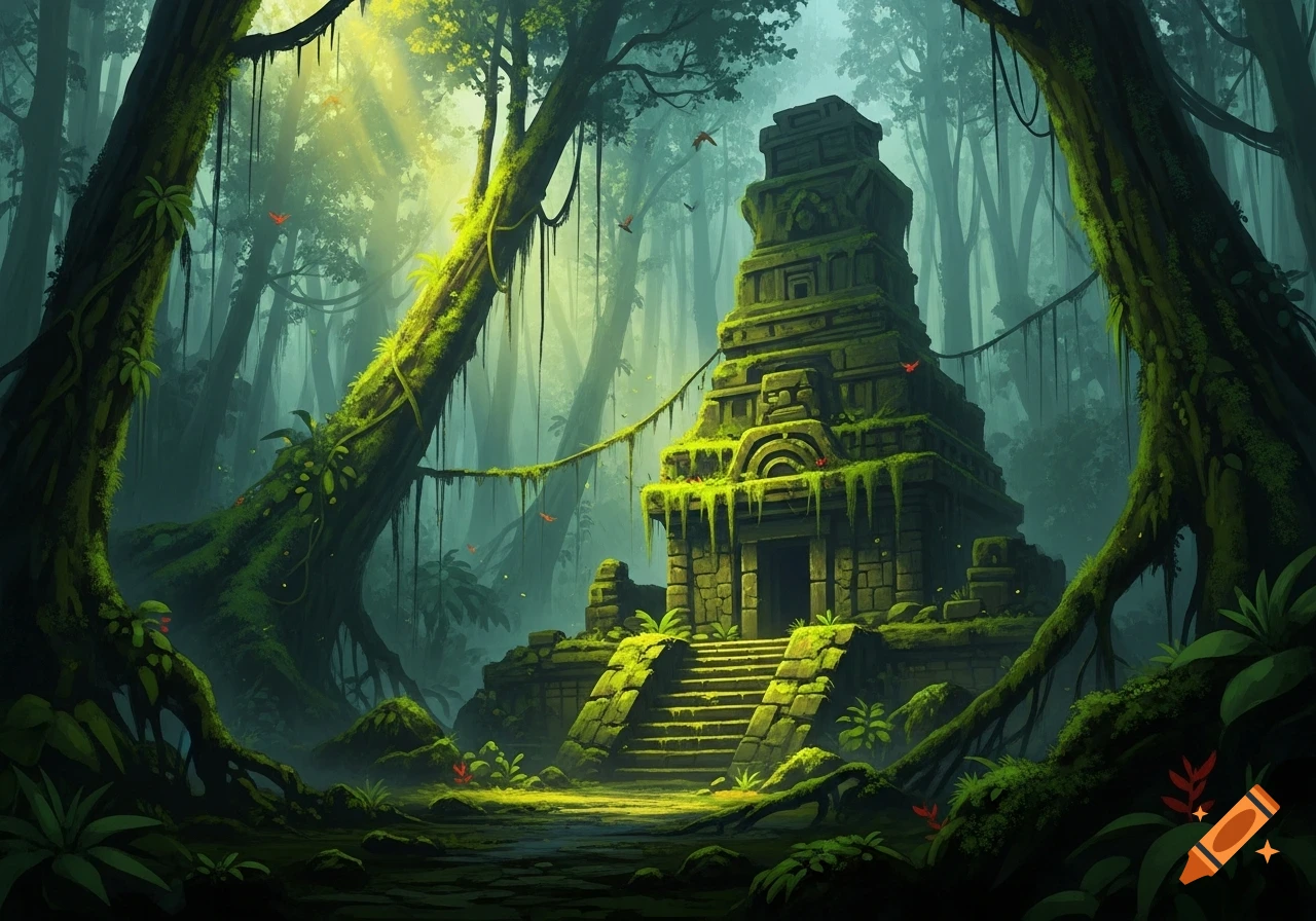 A lush, atmospheric jungle scene with sun rays illuminating ancient, moss-covered temple ruins and dense foliage.