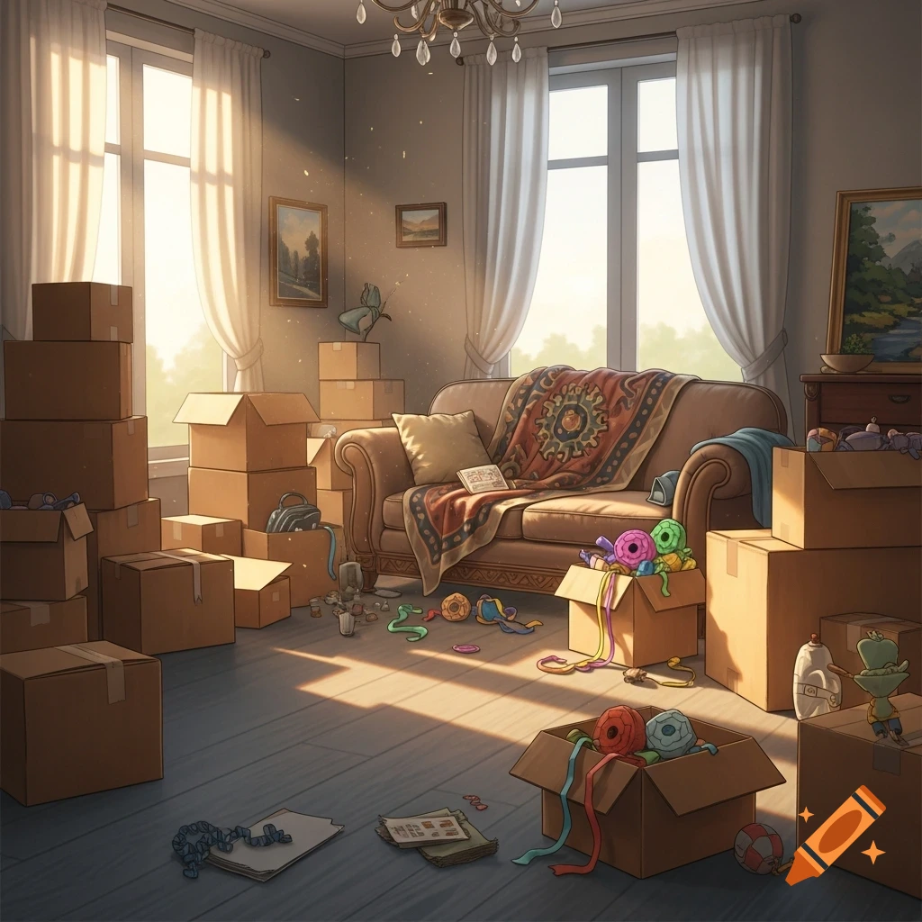 An illustrated living room with many cardboard moving boxes, a couch, and sunlight streaming through large windows.