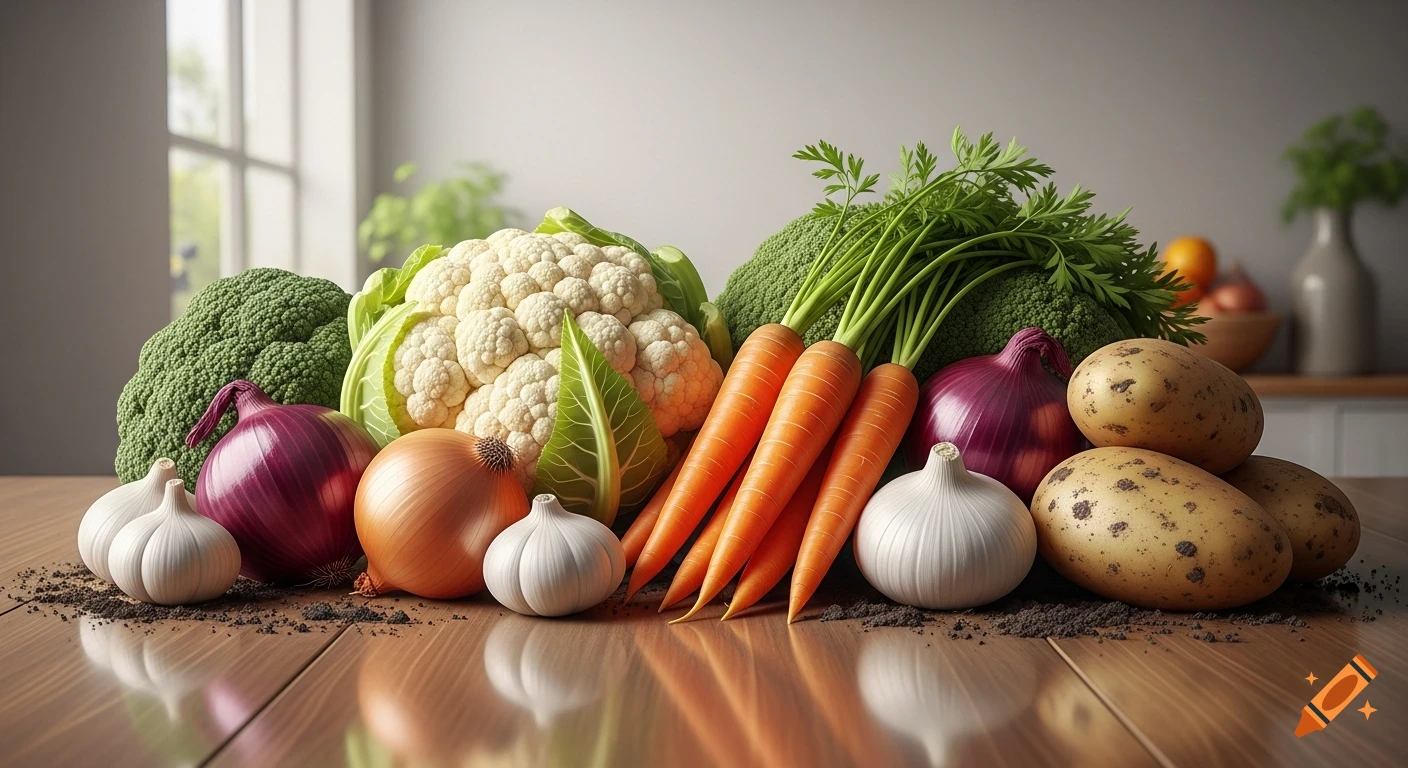 A vibrant still life of fresh vegetables including broccoli, cauliflower, carrots, red onions, garlic, and potatoes on a wooden table.