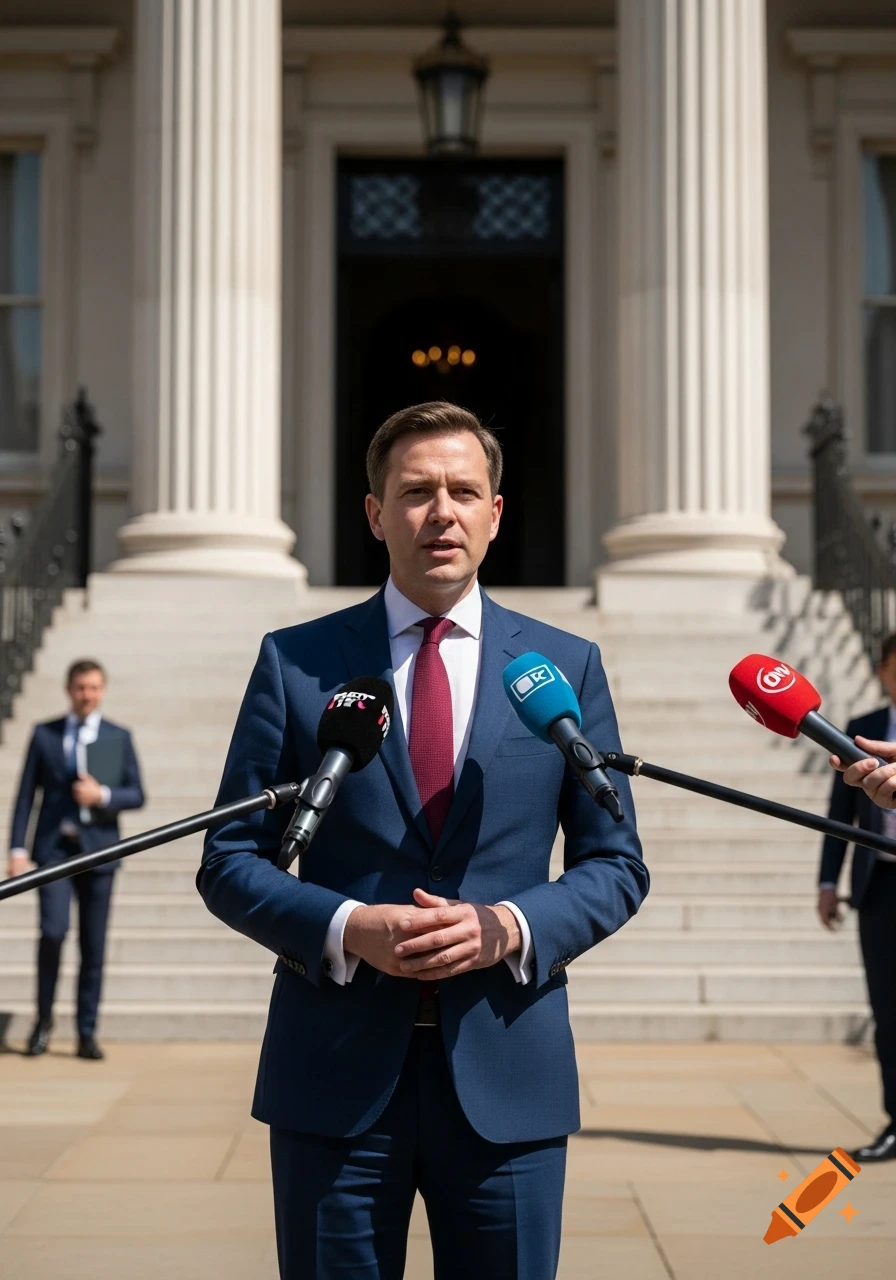 A man in a navy suit and red tie speaks at a press conference outdoors, with microphones from different news outlets in front of him.
