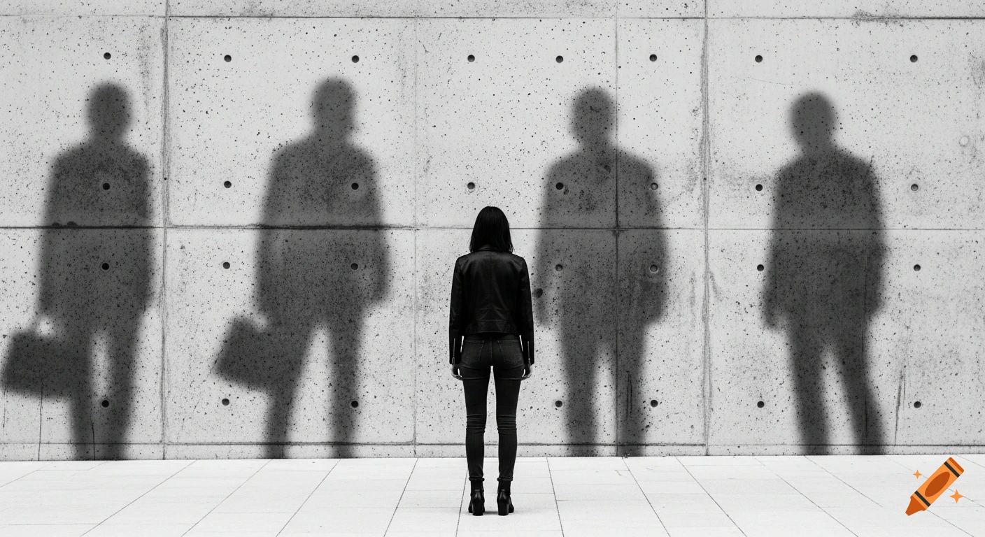 Monochrome cinematic image of a lone woman from behind, facing a concrete wall with ghostly silhouettes.