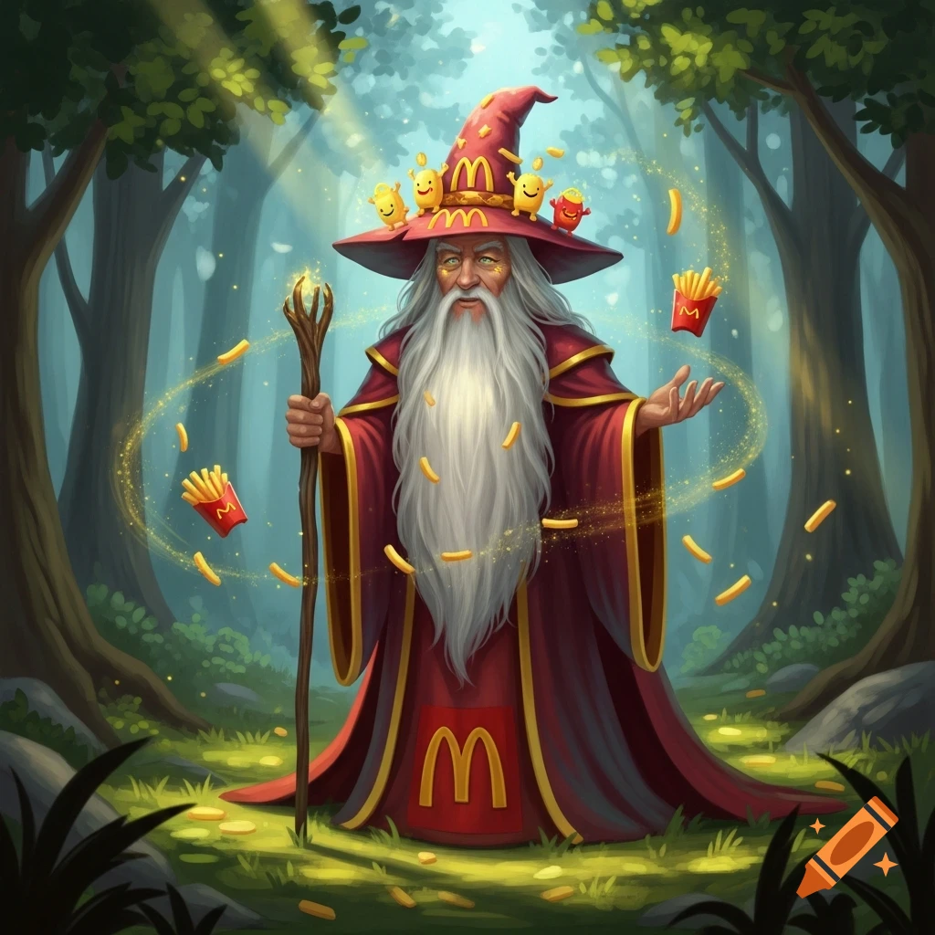 A wizard similar to Gandalf with a long white beard and red robe with a McDonald's logo, in a magical forest with floating french fries.