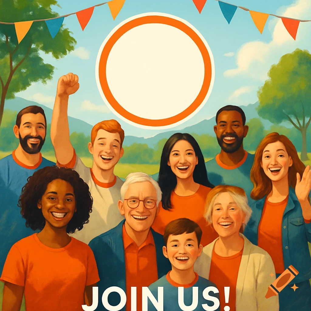 A diverse group of smiling people of all ages gathered outdoors under bunting, with a blank orange circle and 'JOIN US!' text. Illustrated.