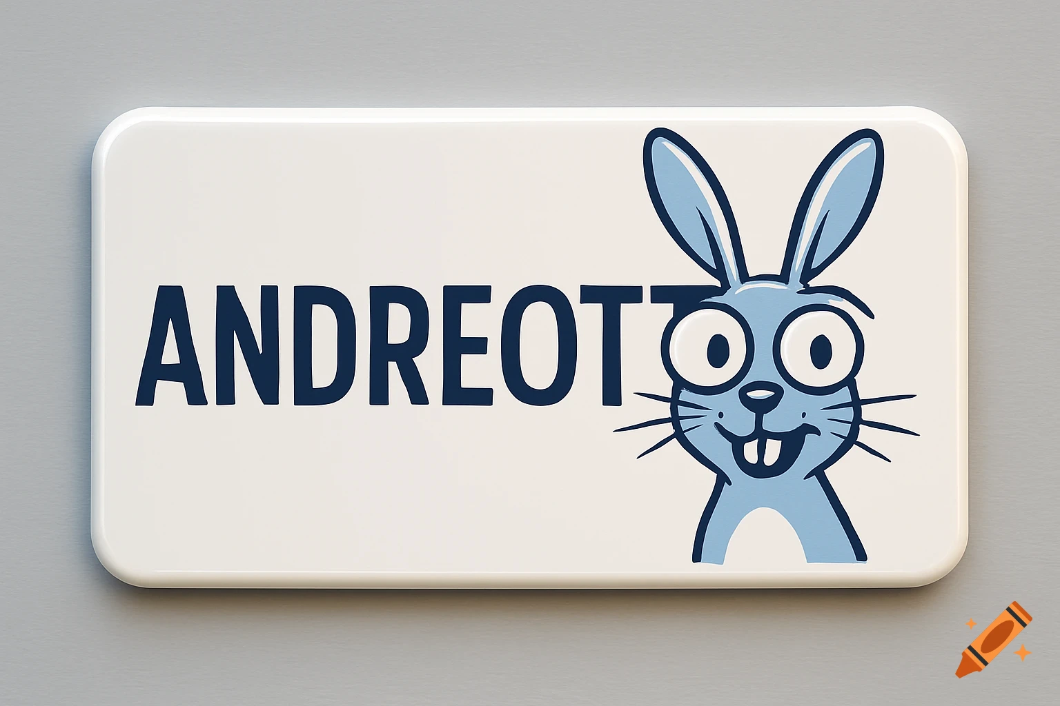 White name tag with dark blue text 'ANDREOTTO', where the two 'O's are the wide eyes of a light blue cartoon rabbit head.