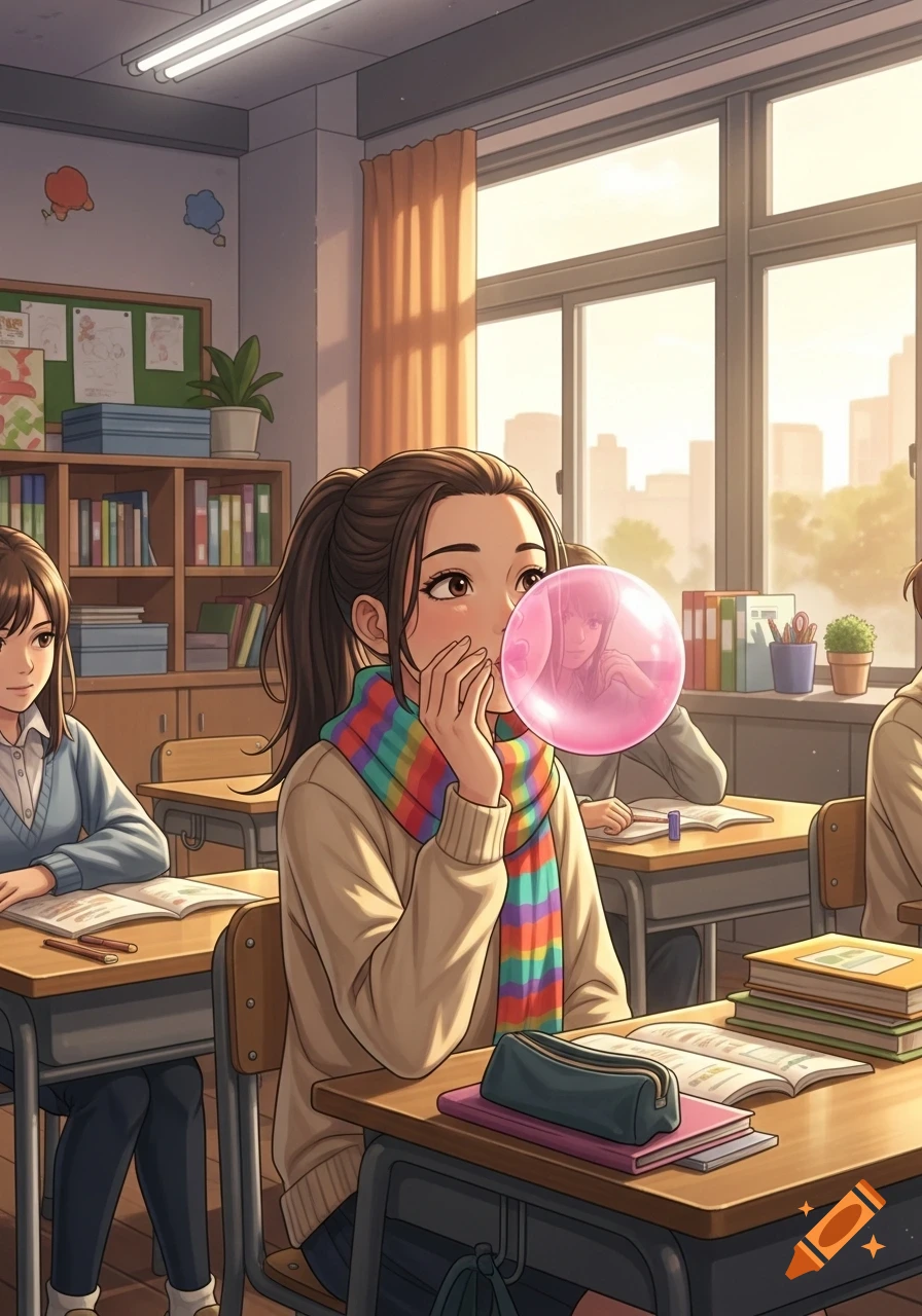 Anime girl in a classroom blowing a large pink bubblegum bubble, with other students and bookshelves in the background.
