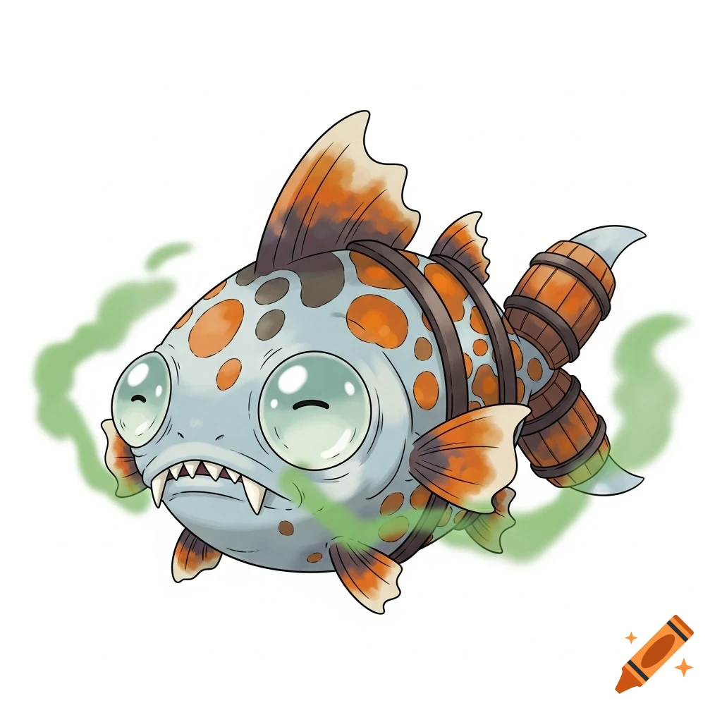 A cartoonish light blue fish creature with orange spots, large green eyes, jagged teeth, and barrel-like fins, emitting green vapor, in a Sugimori style.