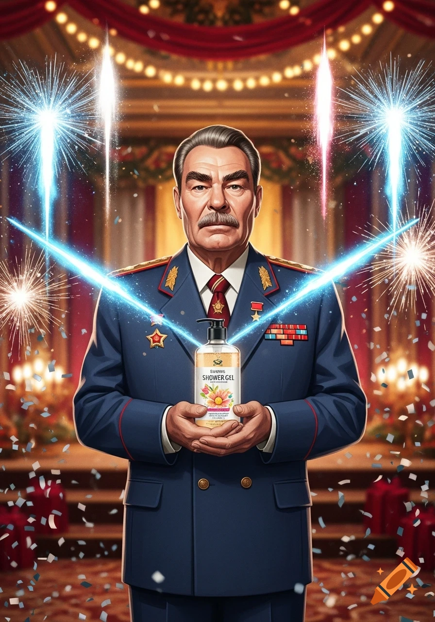 A man resembling Leonid Brezhnev in a military uniform holds a bottle of shower gel, surrounded by fireworks and confetti.