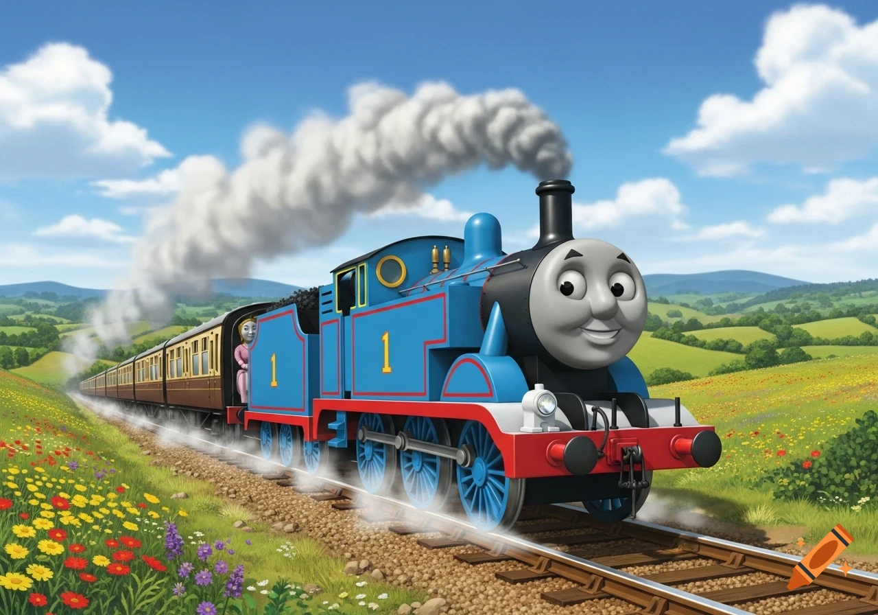 A smiling blue cartoon train, Thomas, pulls passenger cars through a green, flower-filled countryside under a blue sky.