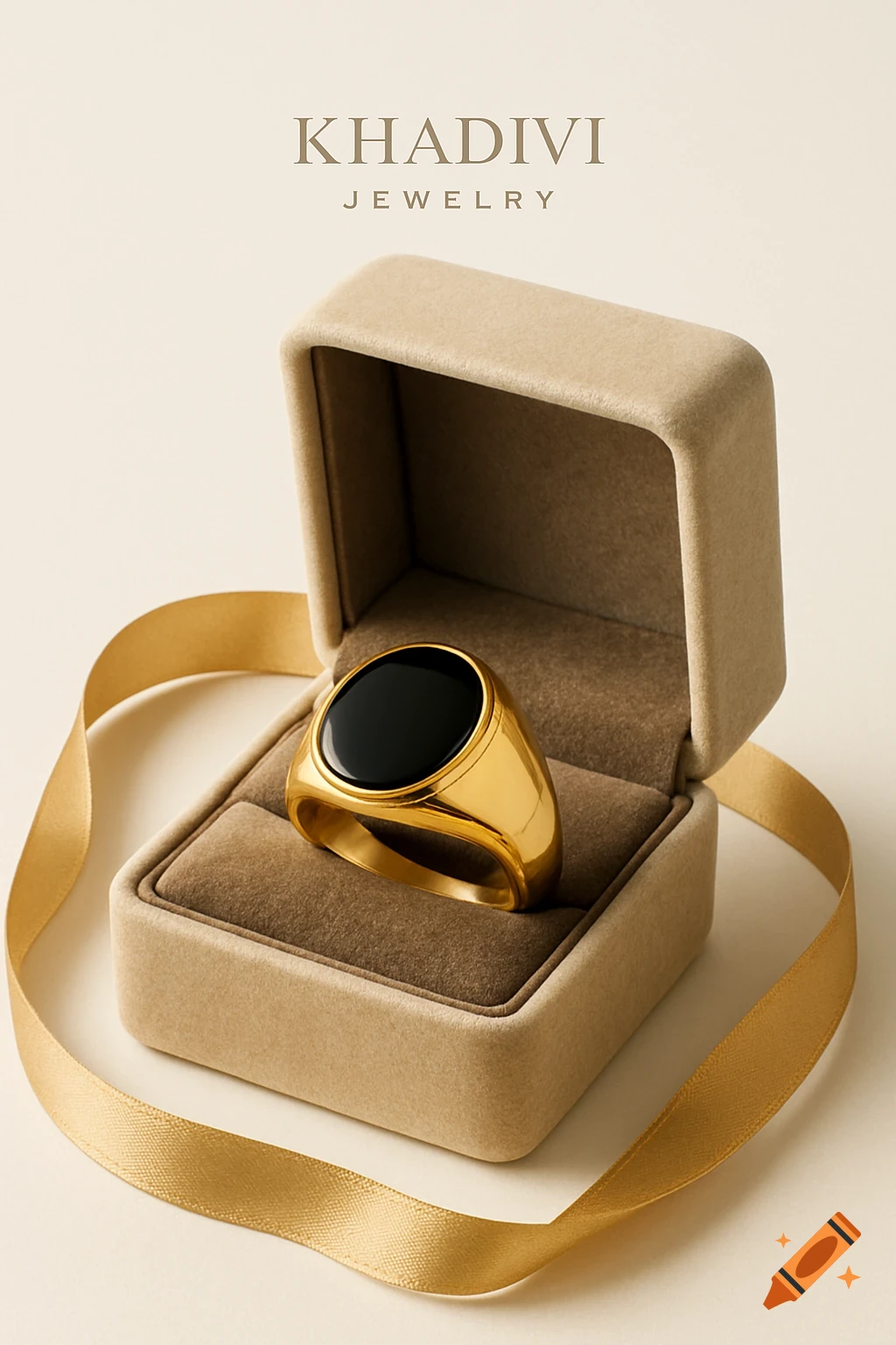 A photorealistic gold signet ring with a black stone inside an open beige jewelry box with a golden ribbon on an ivory background, with "KHADIVI JEWELRY" text above.