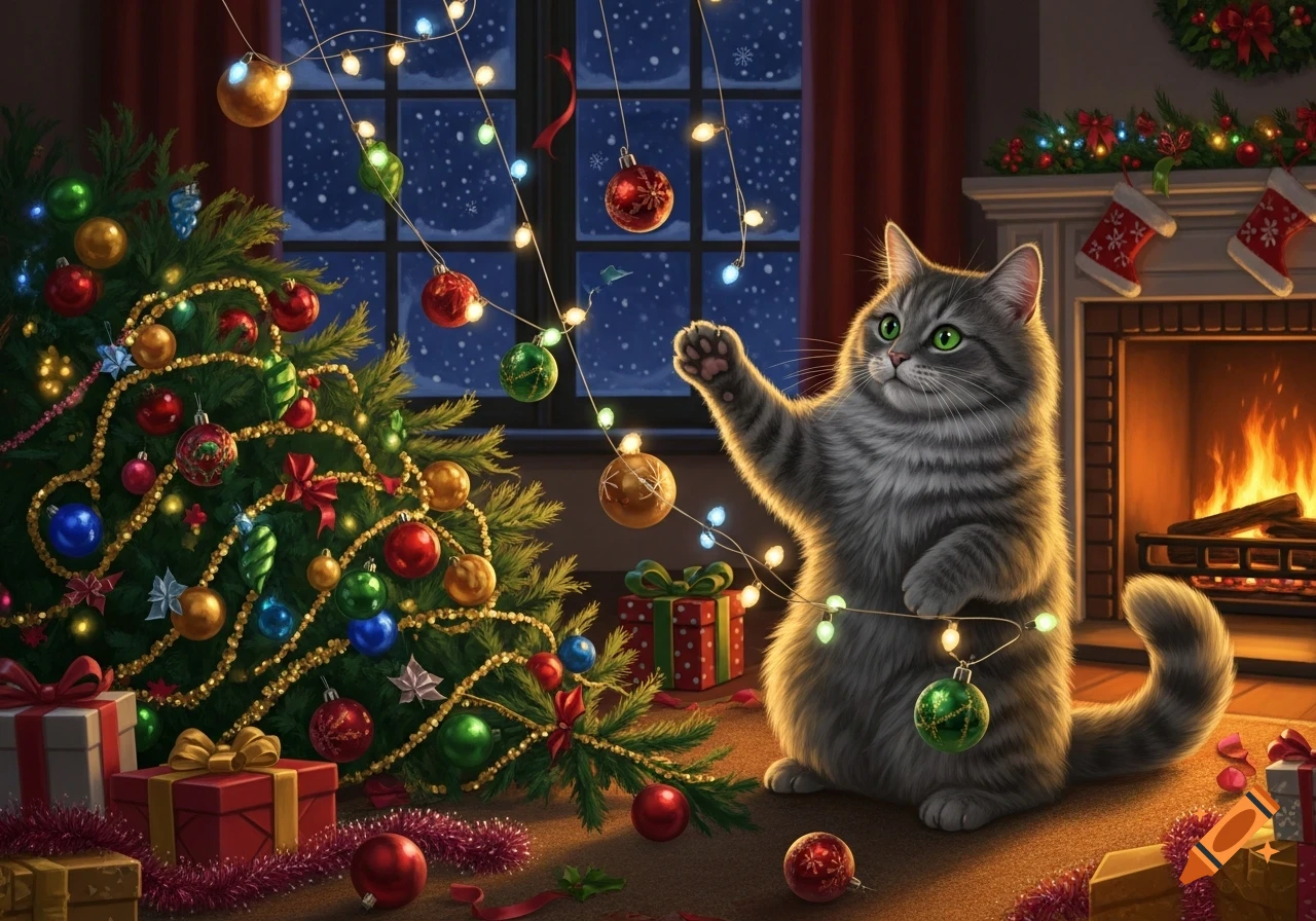 A fluffy gray cat plays with Christmas lights next to a decorated Christmas tree in a festive room with a fireplace and snowy window.