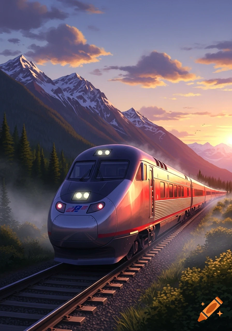 A modern silver and red train travels through a mountainous landscape at sunset, with snow-capped peaks and evergreen trees. Digital art.