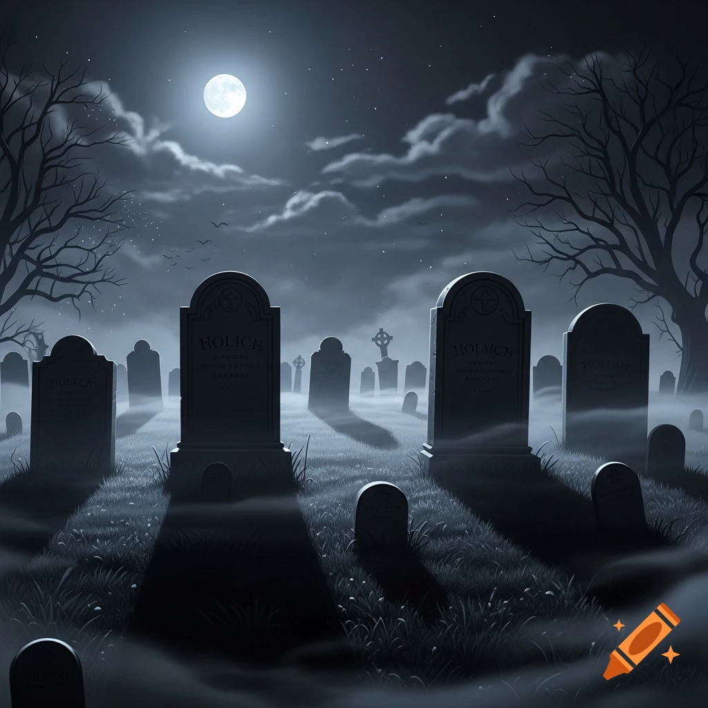 A stylized, dark graveyard scene at night with many tombstones, silhouetted trees, a full moon, and misty fog.