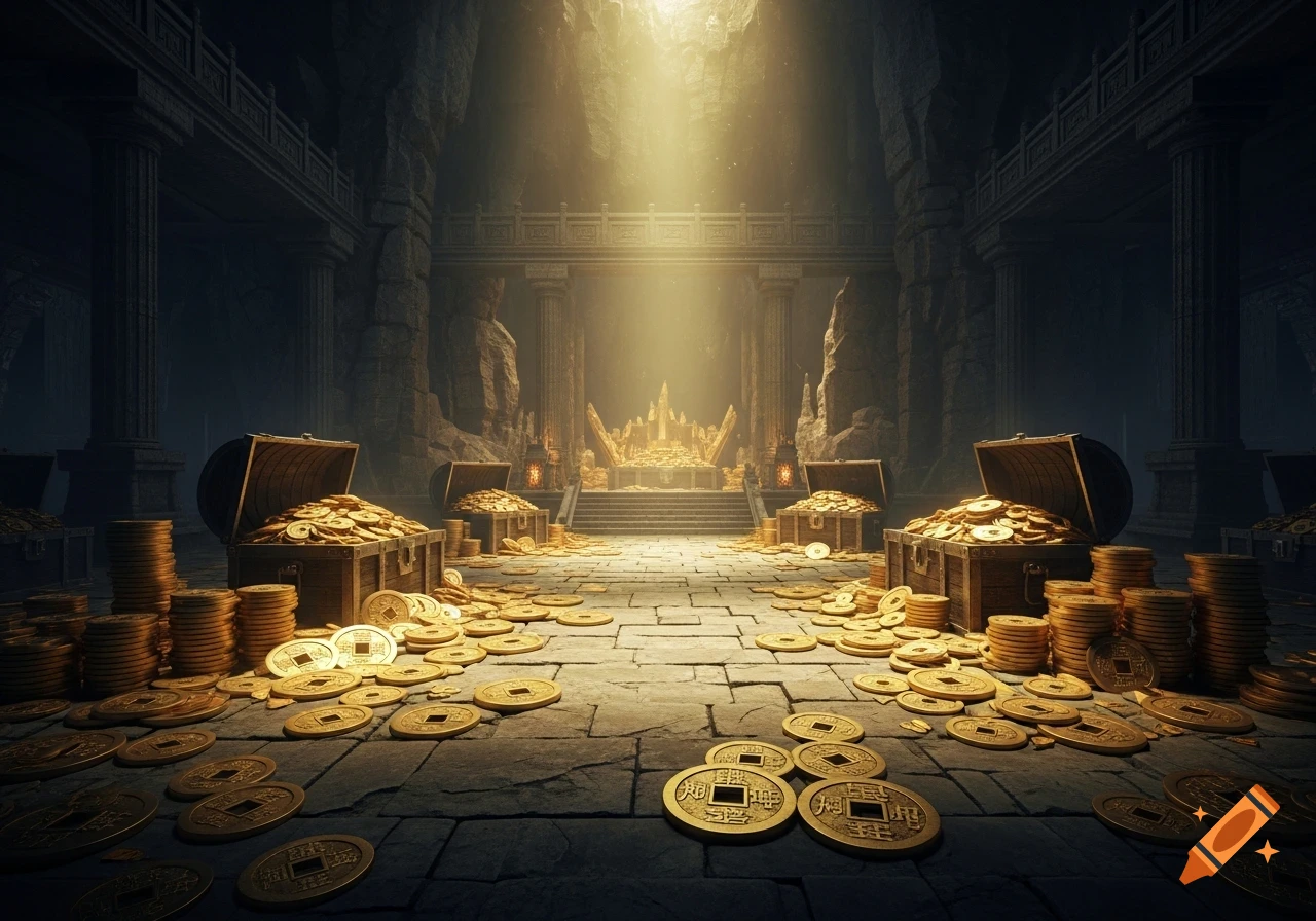 An epic, monumental cave-like treasure chamber filled with ancient open chests overflowing with gold coins scattered on the stone floor, illuminated by a mysterious golden light.