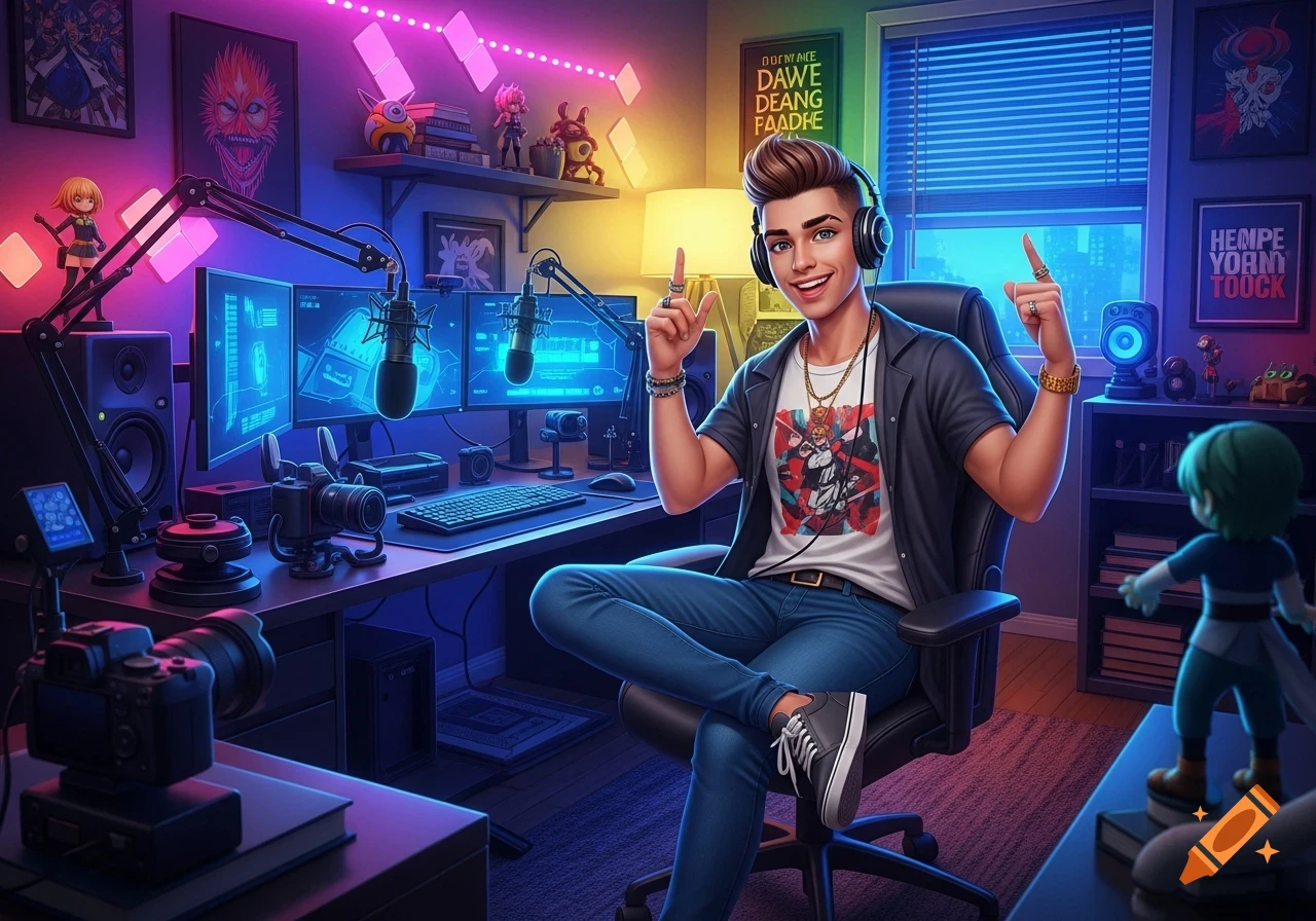 A smiling male streamer in headphones gives a peace sign in a neon-lit gaming room with multiple monitors, microphones, and cameras.
