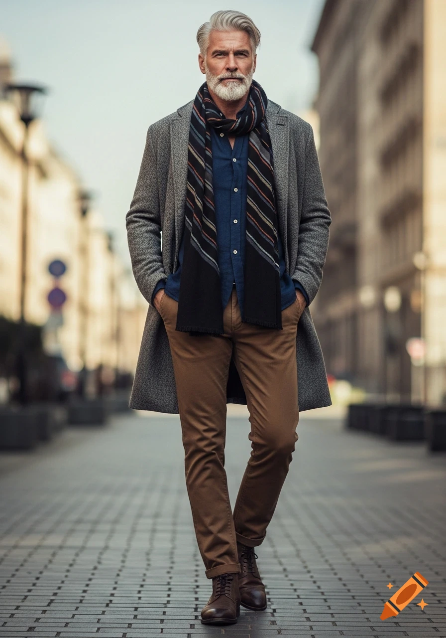 A stylish older man with a white beard, wearing a gray coat, blue shirt, brown pants, and a striped scarf, walks down a city street.