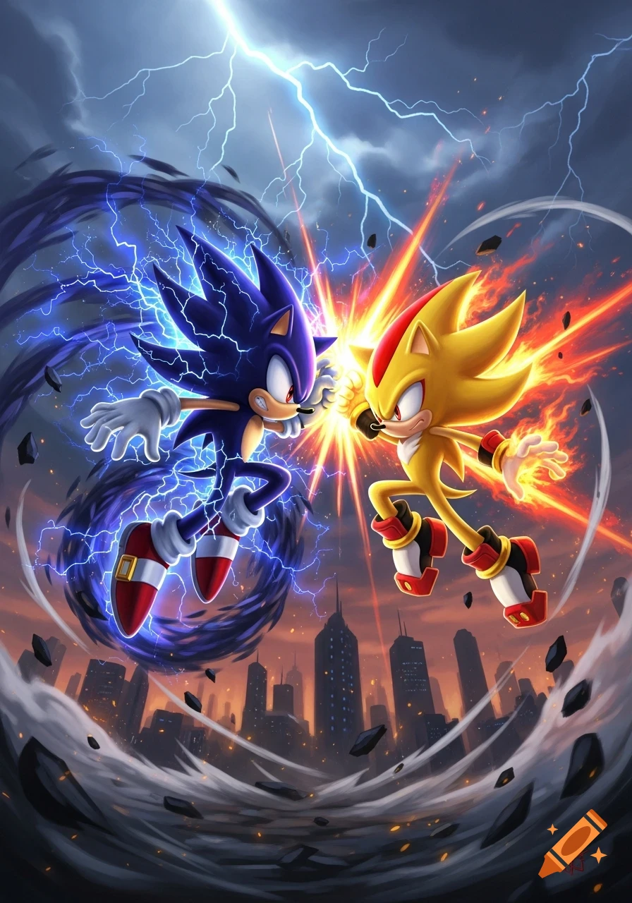 Dark Super Sonic and Super Shadow clash fists in a dynamic battle above a city skyline, surrounded by lightning and fire. Vibrant comic book style.