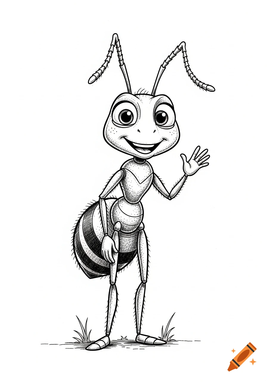 A friendly anthropomorphic ant, in a black-and-white ink illustration style, stands on a simple ground line and waves.