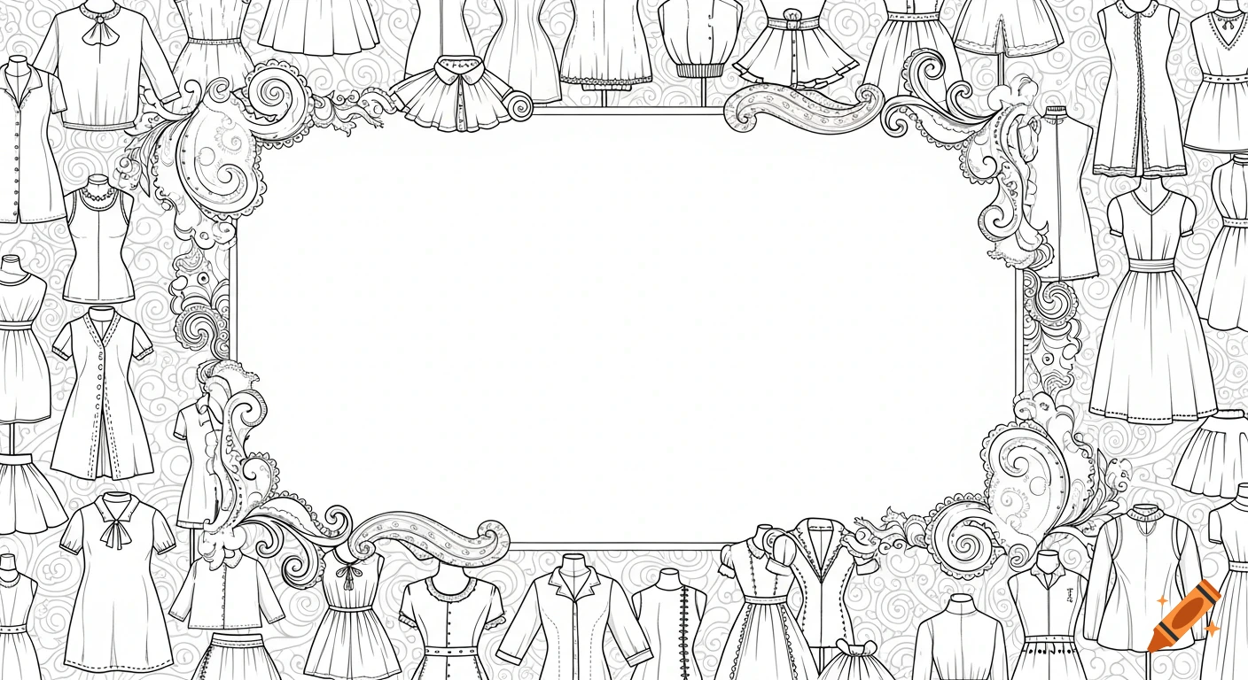 A black and white line art background featuring a blank rectangular frame, surrounded by various clothing design sketches and decorative swirls.