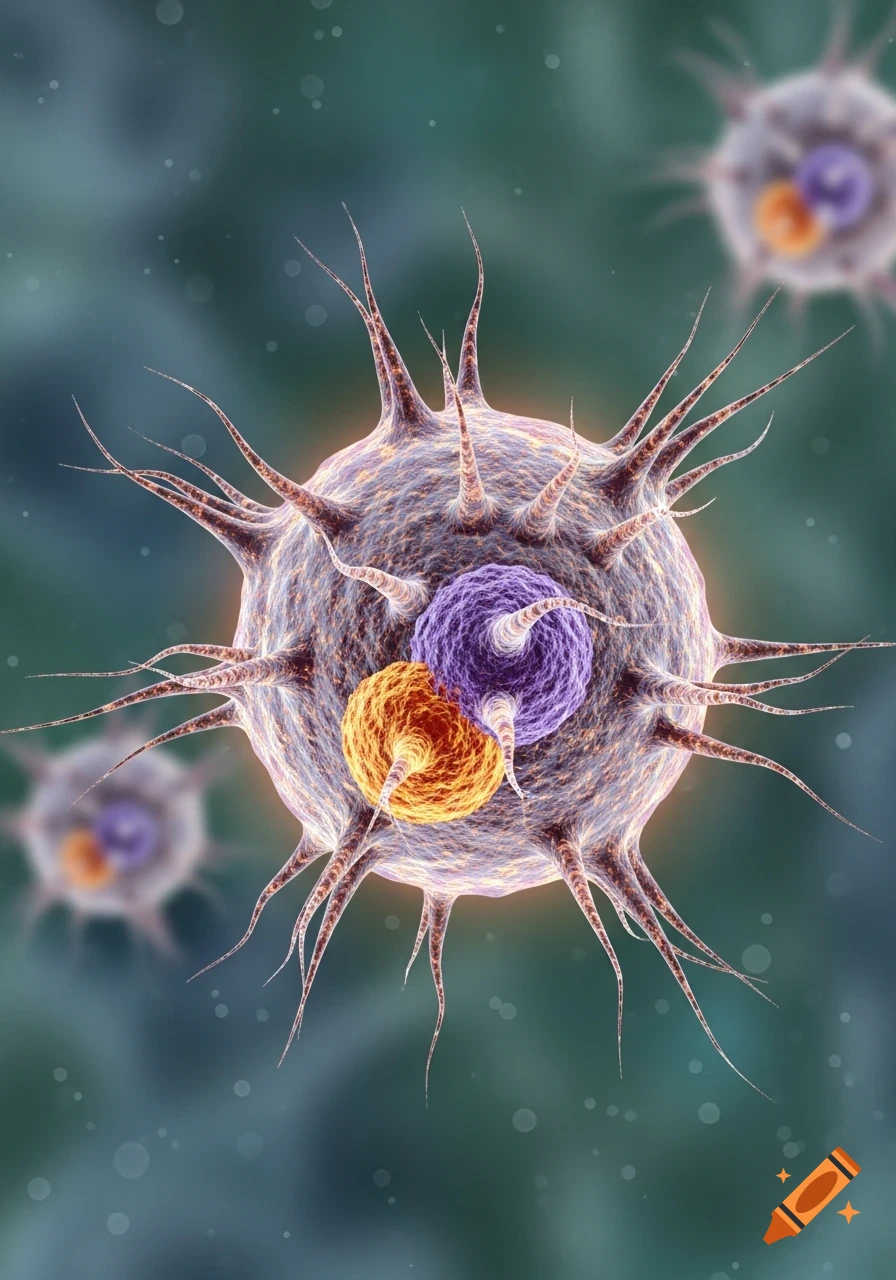 Close-up 3D rendering of a spiky, translucent cell with purple and orange internal components, against a blurry green background.