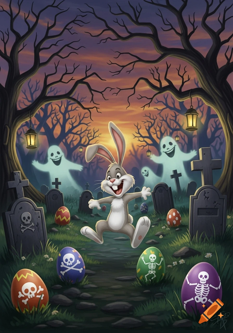 A happy cartoon rabbit hops through a spooky graveyard at sunset, surrounded by friendly ghosts and skull-decorated Easter eggs.