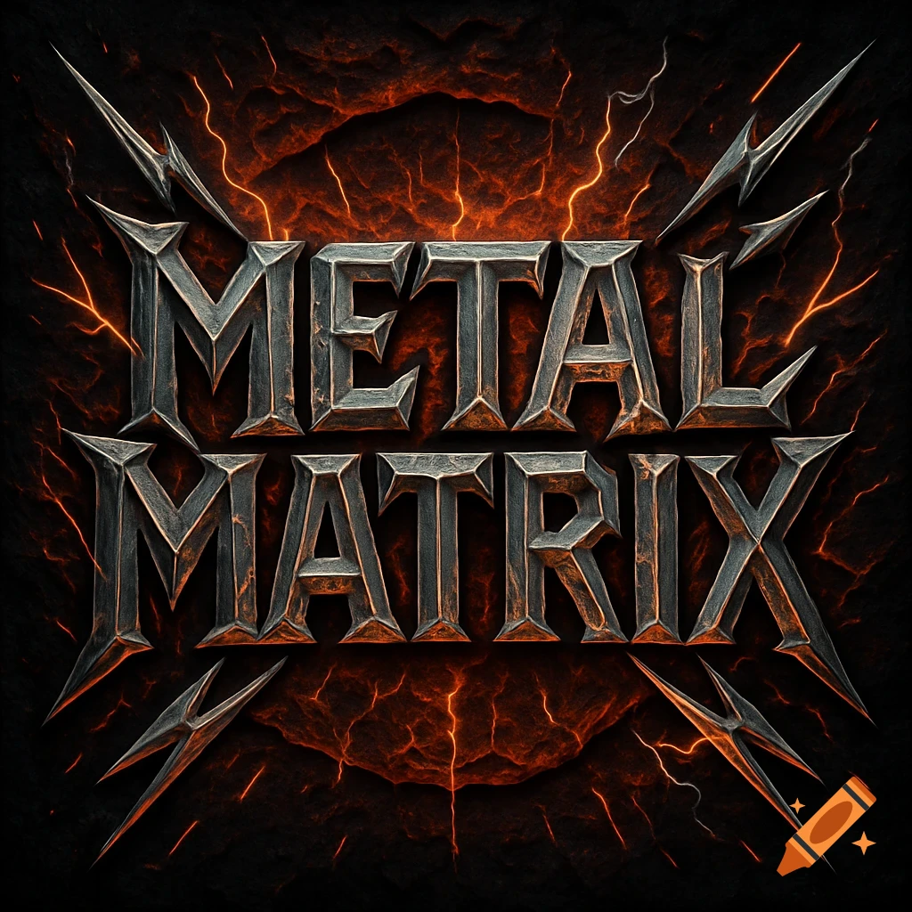 A metallic, spiky band logo for 'METAL MATRIX' against a dark, fiery, cracked background.