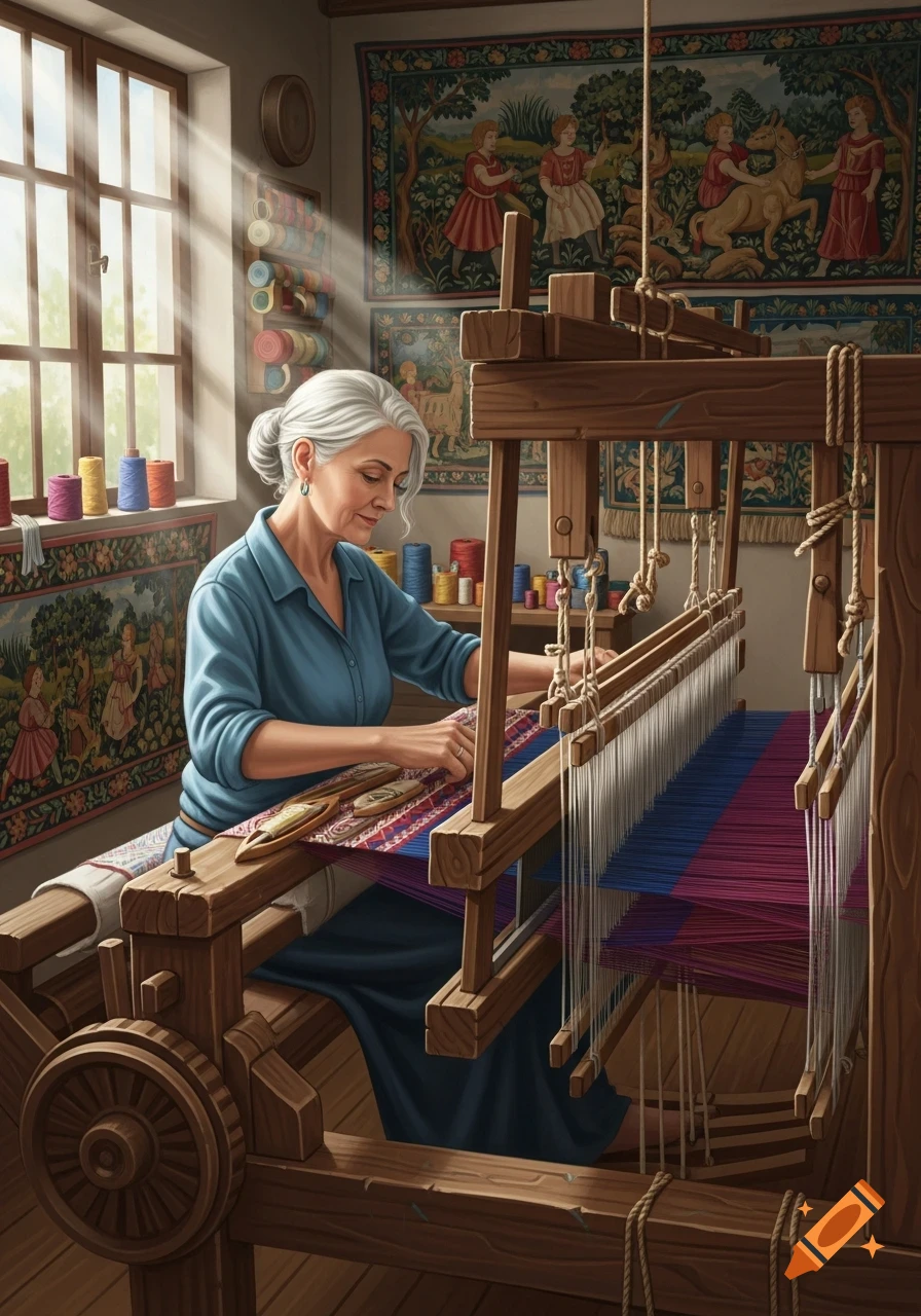 An elderly woman with gray hair weaves a colorful tapestry on a large wooden loom in a sunlit room, illustration style.