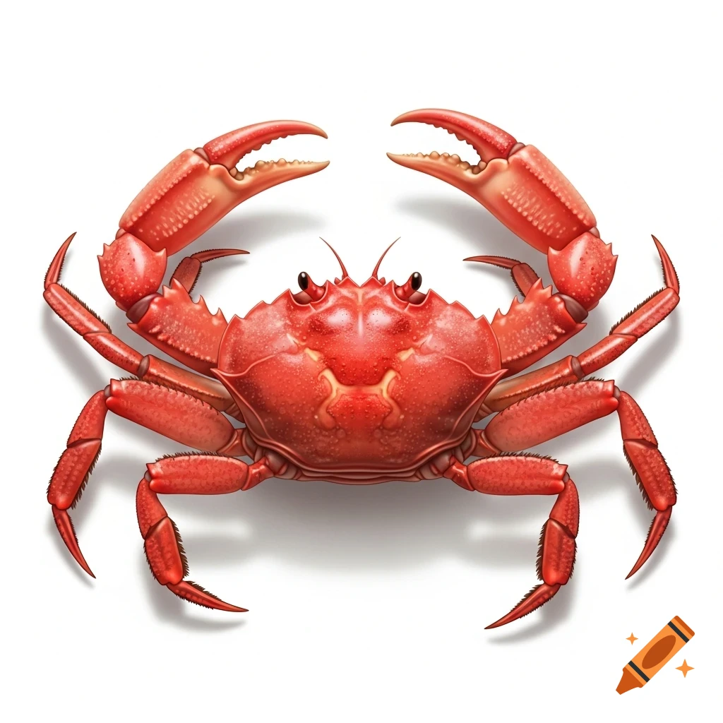A vibrant red crab with prominent claws is centered on a clean white background, viewed from above.