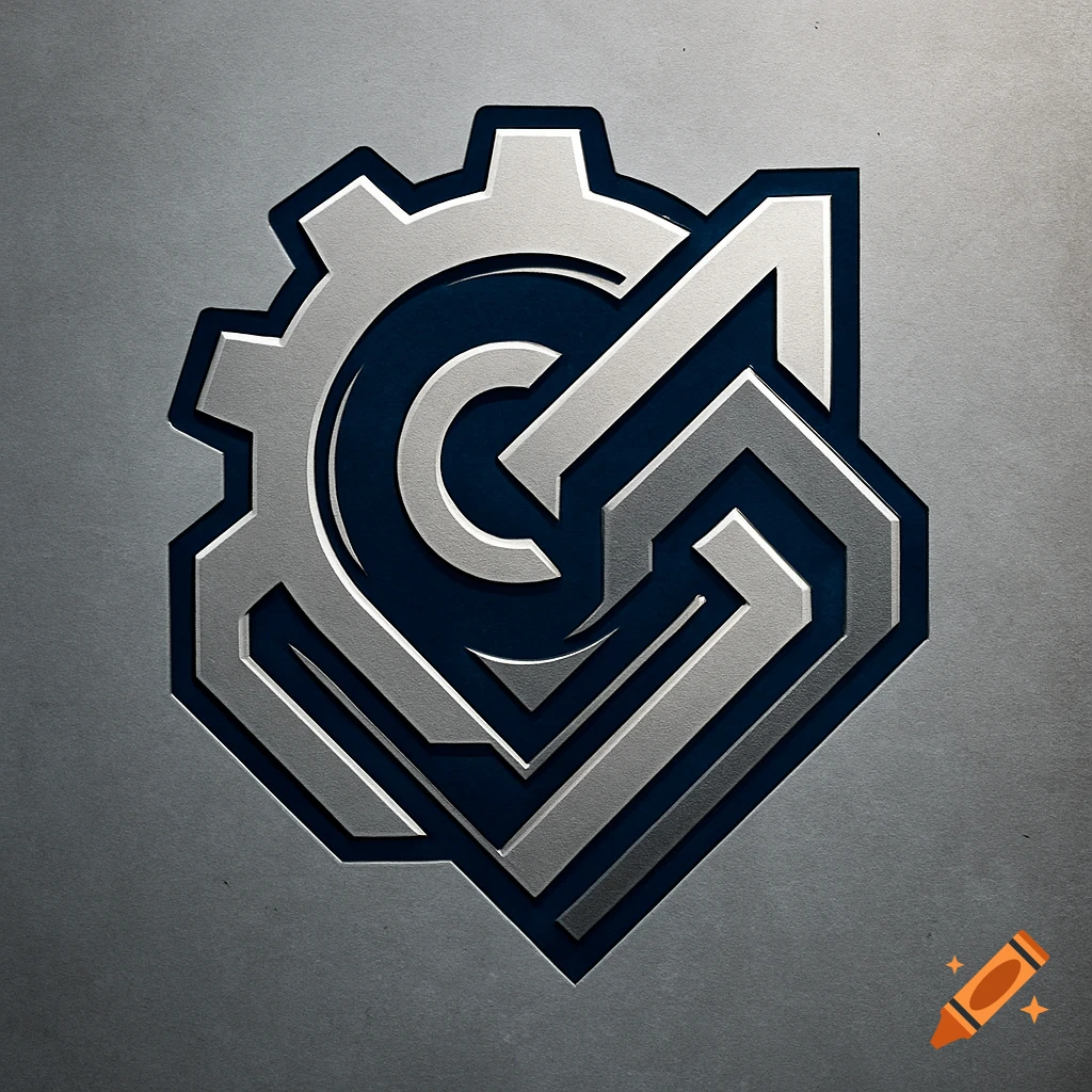 Metallic industrial logo featuring a gear and abstract geometric shapes on a textured grey background.