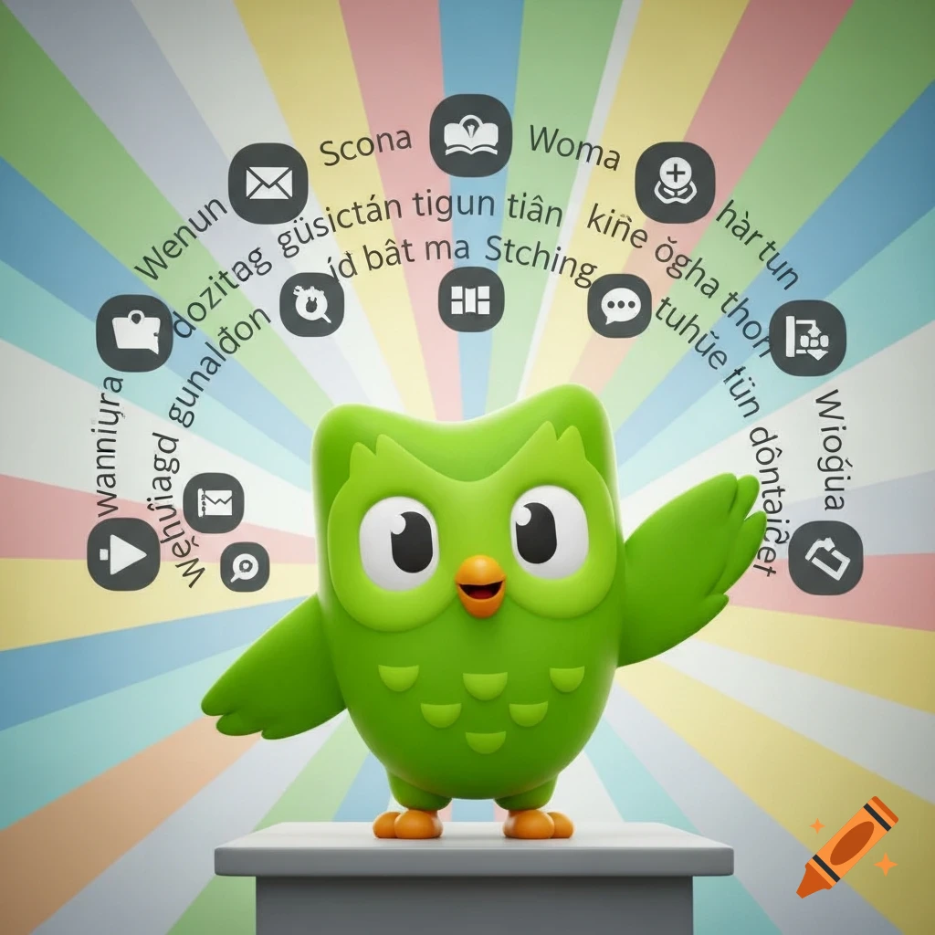 A green Duolingo owl mascot stands on a gray pedestal, surrounded by app icons and gibberish text on a rainbow-striped background.