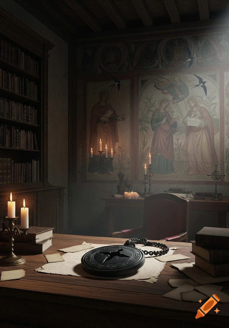 A dimly lit, old study with a large bookshelf, religious frescoes, and a desk covered with candles, papers, and an obsidian medallion.