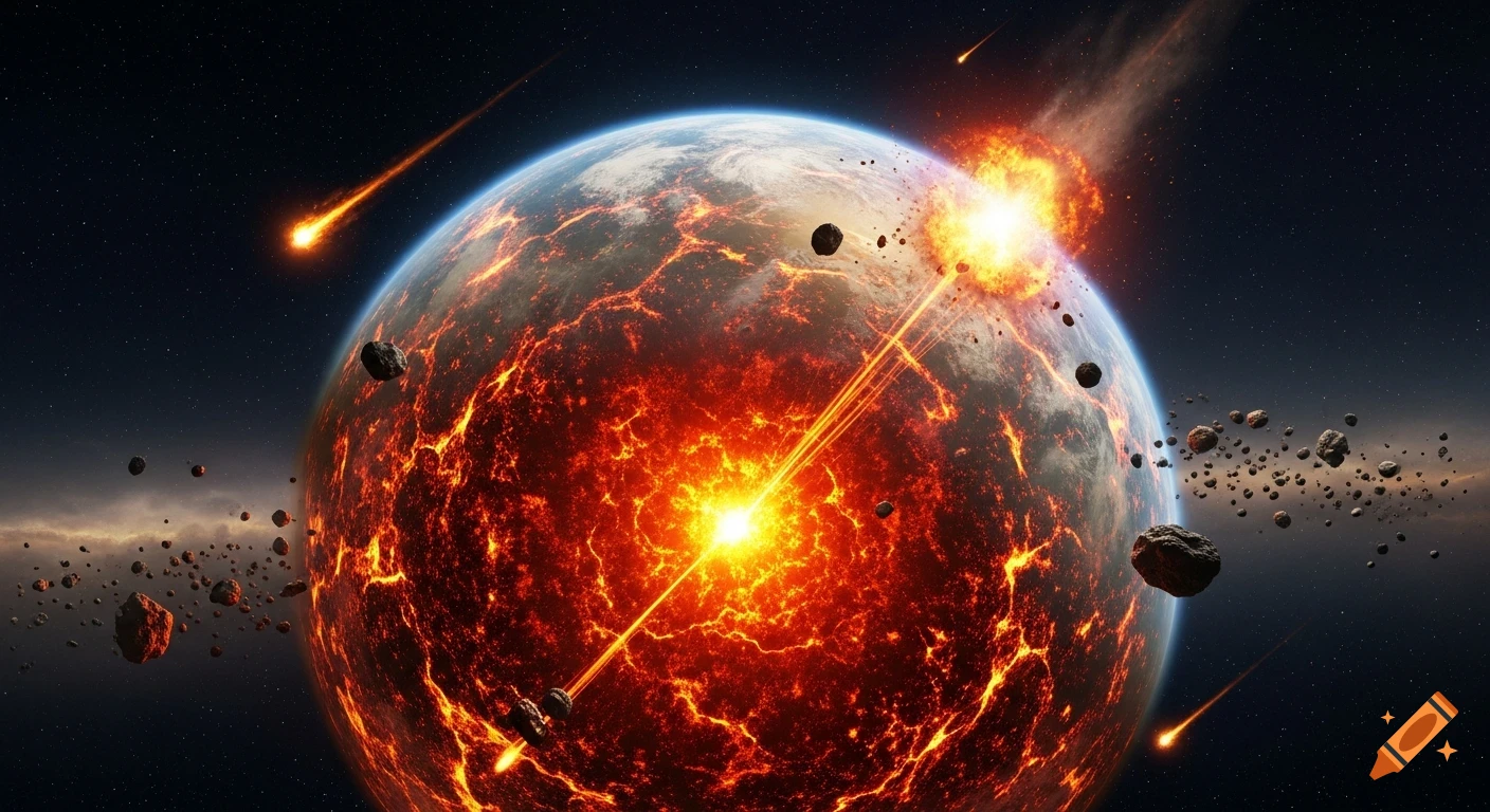 A fiery, molten planet with a glowing core, bombarded by numerous asteroids and cosmic debris in the dark expanse of space.