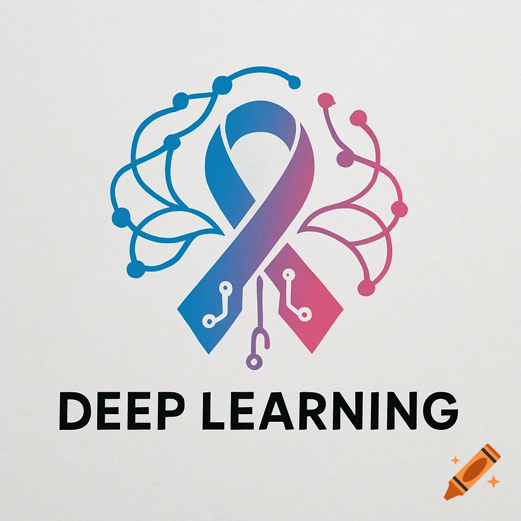 A logo featuring a blue and pink gradient ribbon integrated with circuit patterns, flanked by neural network designs, with the text 'DEEP LEARNING' below.