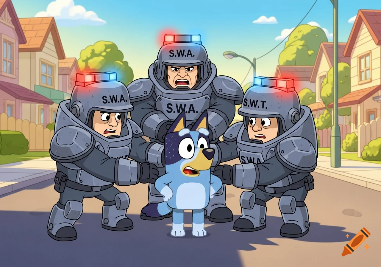 Cartoon image of Bluey, a blue dog character, being held by three S.W.A.T. officers in a suburban street.