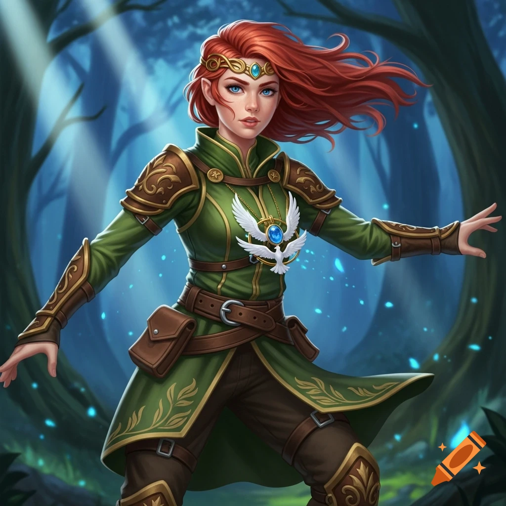 A red-haired female DND sorcerer with blue eyes in green and brown adventurer's clothing, standing in a magical forest.