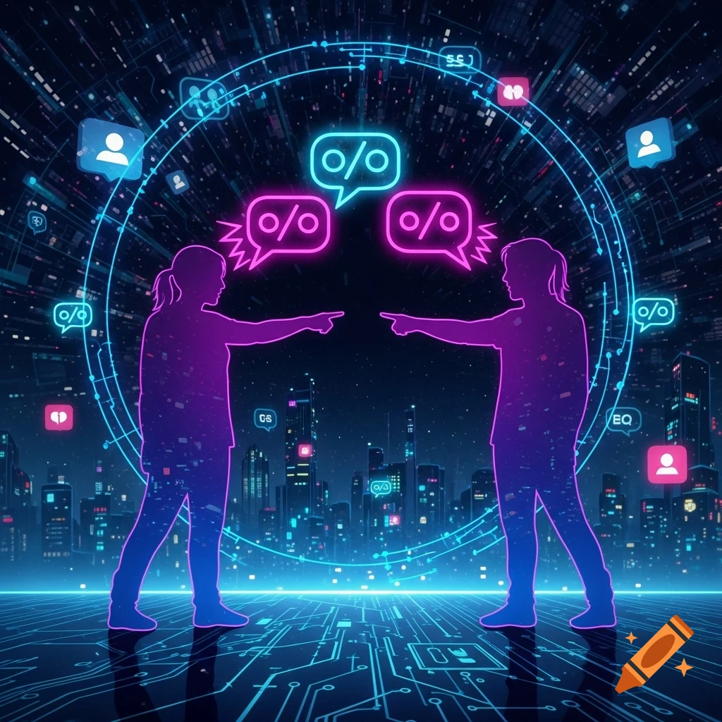 Two glowing neon silhouettes point at each other in a futuristic city, surrounded by social media icons and digital circuits.