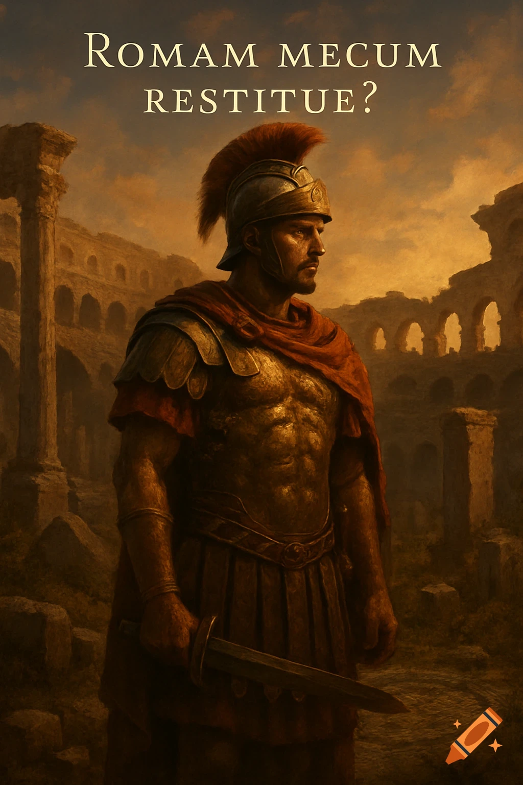 A Roman soldier in armor stands in a ruined city, holding a sword, with the text 'ROMAM MECUM RESTITUE?' above, in a painterly style.